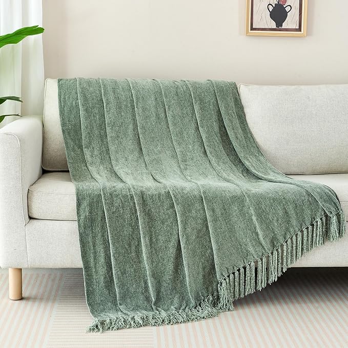 Chenille Throw Blanket for Couch with Tassels,60"X80" Soft Cozy Lightweight Knitted Boho Decorative Blankets for Bed and Sofa,Light Green
