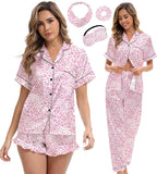 Silk Satin Pajama Set for Women 3-piece Short Sleeve Pajama with Pants Ruffle Shorts Cute Pj Set Button Down Sleepwear