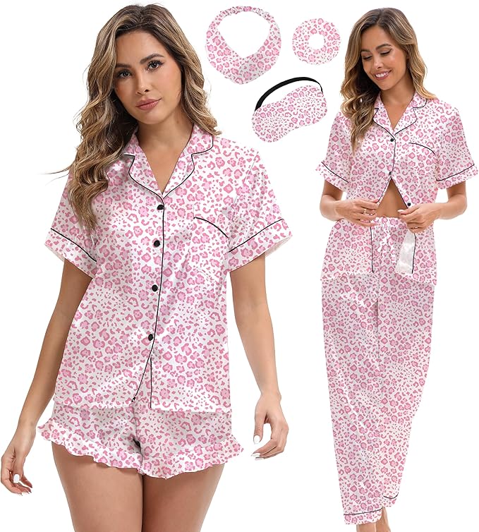 Silk Satin Pajama Set for Women 3-piece Short Sleeve Pajama with Pants Ruffle Shorts Cute Pj Set Button Down Sleepwear