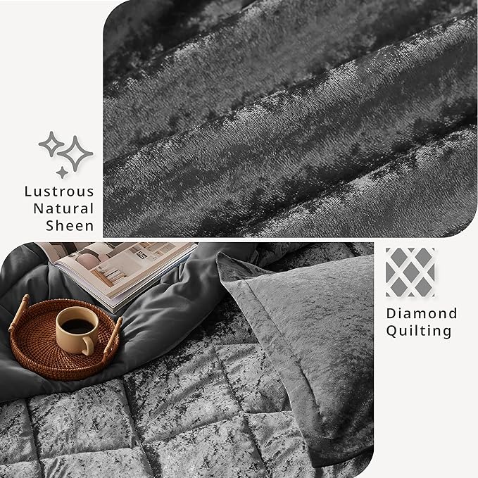 Intelligent Design Twin Comforter Set, Velvet Comforter Set , Luxury Diamond Quilting Comforter Set, Fluffy Comforter Bed Set with Decorative Pillowand 1 Sham, 3 Piece Grey, Twin/Twin XL