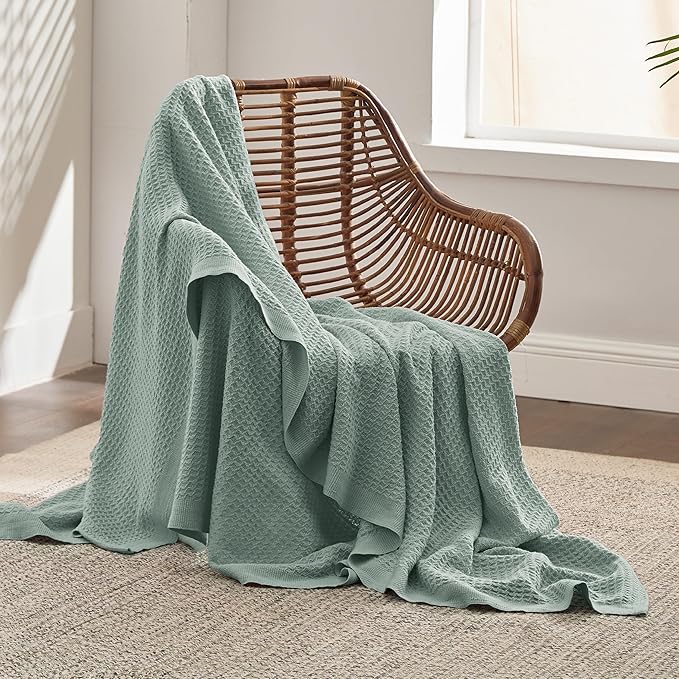 Bedsure Gentlesoft 100% Cotton Blanket Twin XL Size for College Dorm - Cooling Breathable and Soft for Spring Summer, Waffle Weave Twin Blanket for Bed, Dorm Room Essentials, Sage Green, 66x90 inches