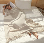 BLAGIC Knitted Throw Blanket for Couch Soft Farmhouse Boho Throw Blanket with Tassels Home Decorative Lightweight Throw Blankets, Throws for Bed/Chair/Sofa, Stripe Textured(Creamy White,50"W x 60"L)