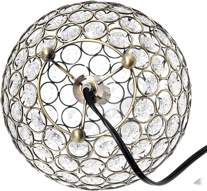 Elegant Designs LT1026-ABS 8" Elipse Crystal Collection Metal Crystal Ball Sequin Table Desk Lamp for Accent Lighting, Décor, Living Room, Antique Brass
