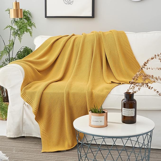 Longhui bedding Mustard Yellow Cotton Cable Knit Throw Blanket for Couch Sofa Bed, Home Decorative Lightweight Knitted Blankets with Bonus Laundering Bag, 50“ x 60”, Machine Washable
