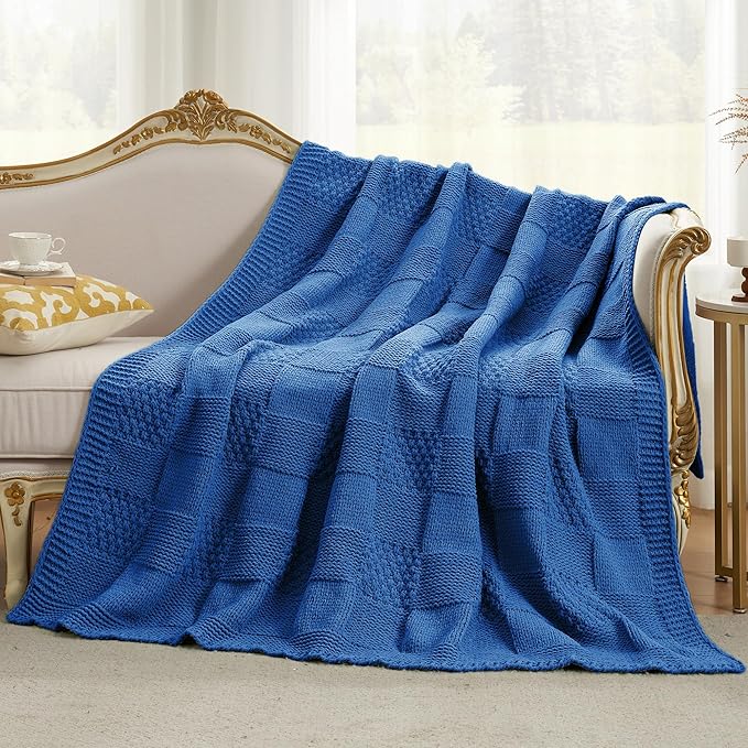 Amélie Home Knit Throw Blanket, Soft Chenille Cozy Breathable Checkered Chunky Decorative Blanket for Couch, Bed & Sofa, French-Inspired Lightweight Warm Gift for Women, Royal Blue, 50"x60"