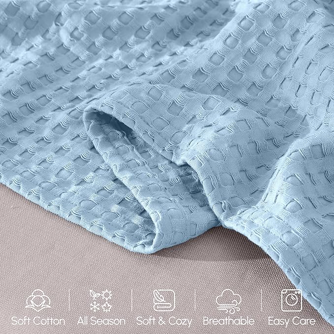 Elegant Comfort Premium 100% Cotton Waffle Blanket - Lightweight Breathable Waffle Weave Bed Blanket - Soft and Warm All Season Blanket for Couch, Sofa and Bed, Queen Size 90x90 Inches, Light Blue