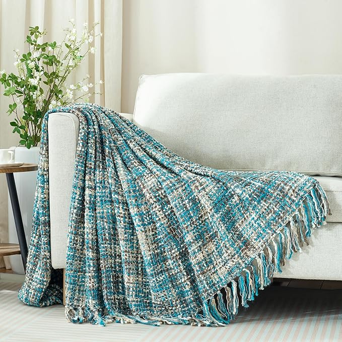 Multi-Color Teal Cable Woven Throw Blanket for Couch,50"X60" Boho Style Textured Blankets for Home Decor,Super Soft Warm Cozy Chunky Blanket with Decorative Tassels for Bed and Sofa