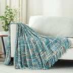Multi-Color Teal Cable Woven Throw Blanket for Couch,60"X80" Boho Style Textured Blankets for Home Decor,Super Soft Warm Cozy Chunky Blanket with Decorative Tassels for Bed and Sofa