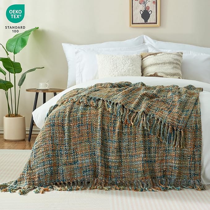 Multi-Color Gold Green Cable Woven Throw Blanket for Couch,60"X80" Boho Style Textured Blankets for Home Decor,Super Soft Warm Cozy Chunky Blanket with Decorative Tassels for Bed