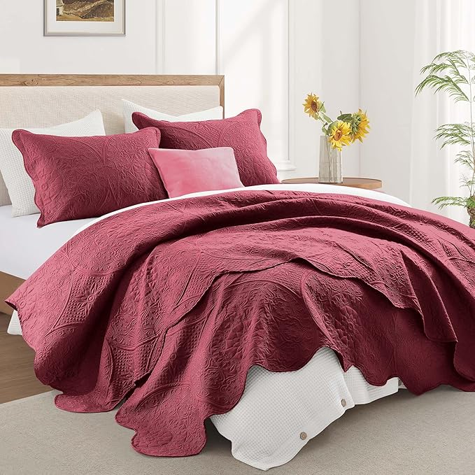 IR Imperial Rooms 10 Pack Queen Quilt Bedding Set (90" x 96") - Bulk Wholesale for Hotels, Guest Bedroom & Airbnbs - Lightweight Microfiber Reversible Floral Embossed Quilts Bedspreads (Burgundy)