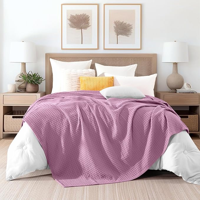 Elegant Comfort Premium 100% Cotton Waffle Blanket - Lightweight Breathable Waffle Weave Bed Blanket - Soft and Warm All Season Blanket for Couch, Sofa and Bed, Full Size 88x88 Inches, Lavender