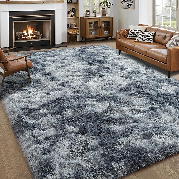 Noahas Large Fluffy 8x10 Area Rugs for Living Room Bedroom,Tie-Dyed Blue and Grey Thick Shag Throw Rug,Big Soft Shaggy Bedside Non-Slip Plush Dorm Nursery Kids Carpet