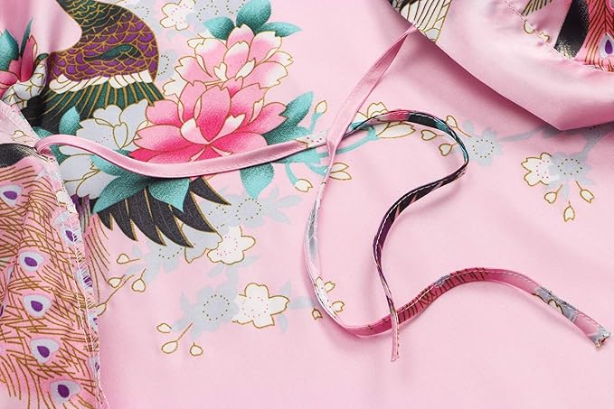 Women's Short Kimono Robes Bride and Bridesmaid Satin Floral Bathrobe Peacock Sleepwear Dressing Gown for Wedding Party