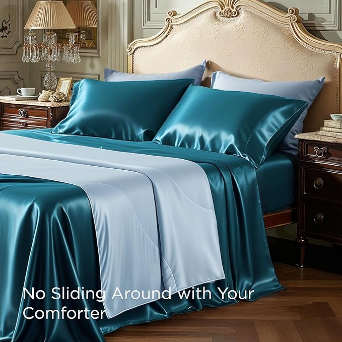 Bedsure Satin Sheets Queen Size - 4 Piece Silky Bedsheets with 15 Inches Deep Pocket Fitted Bedsheet,1 Flat Sheet, 2 Satin Pillowcases, Good for Hair & Skin (Queen, Teal)