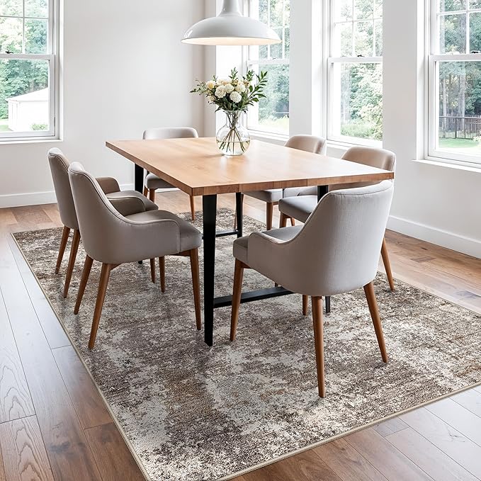 5x8 Washable Living Room Area Rug – Modern Neutral Abstract Rug for Bedroom, Kitchen, Dining Room – Non-Slip Low Pile Soft Indoor Carpet (Brown Beige,5x8)