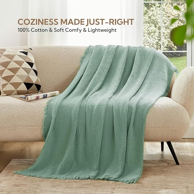 SOULFUL Muslin Throw Blanket with Tassels - Soft King Size Cotton Throw Blanket for Couch or Bed, Lightweight and Breathable Gauze for All Seasons, LightChampagne, 108" x 90"