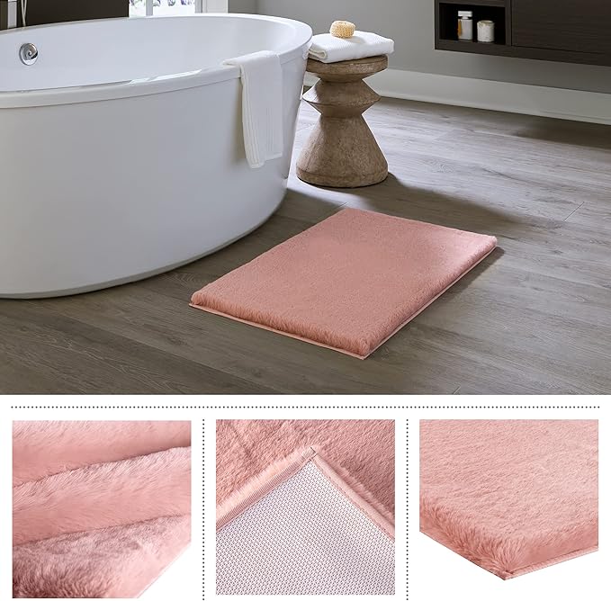 Home-Complete Faux Fur Bath Mat – 21x34-Inch Nonslip Jacquard Faux Fur Washable Rug for Bathroom or Kitchen, Mauve