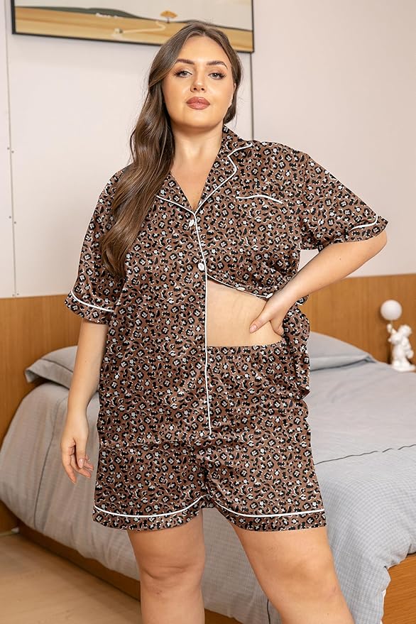 Vozanet Women's Short Sleeve Satin Pajama Sets Silky Ladies Button Down Loungewear Plus Size Nighty Shorts Sets XL to 5XL