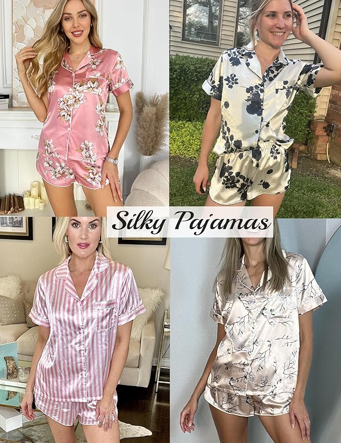 Ekouaer Womens Silk Satin Pajama Set Print Short Sleeve Sleepwear Button Down Pjs Shorts Set Loungewear