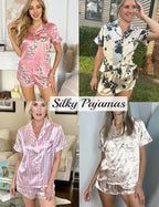 Ekouaer Womens Silk Satin Pajama Set Print Short Sleeve Sleepwear Button Down Pjs Shorts Set Loungewear