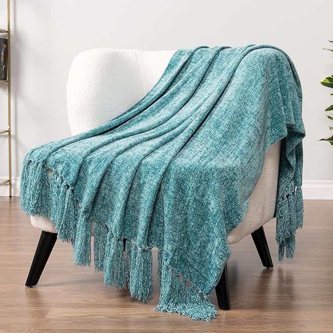 Pavilia Teal Green Throw Blanket for Couch, Twin Size Bed, Chenille, Soft Knit Woven Turquoise with Tassel, Decorative Textured for Living Room, 60x80