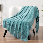 Pavilia Teal Green Throw Blanket for Couch, Twin Size Bed, Chenille, Soft Knit Woven Turquoise with Tassel, Decorative Textured for Living Room, 60x80