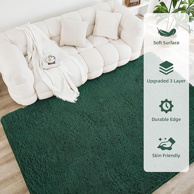 Litanika 9x12 Shag Area Rug for Living Room Bedroom, Emerald Dark Green High Pile Ultra Soft Plush Shaggy Furry Bedside Playroom Dorm Carpet, Non-Slip, Non-Shedding Modern Indoor Floor Rug