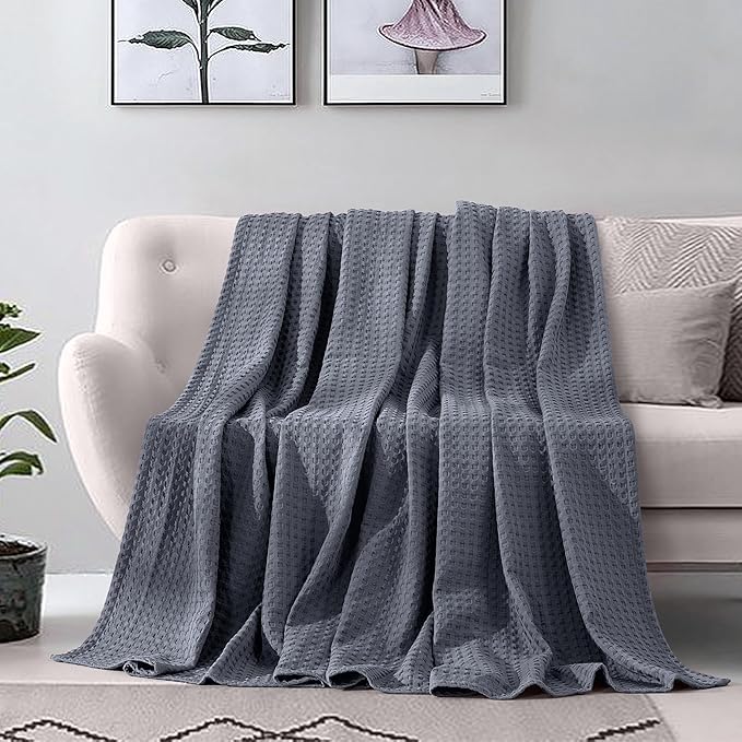 Elegant Comfort Premium 100% Cotton Waffle Blanket - Lightweight Breathable Waffle Weave Bed Blanket - Soft and Warm All Season Blanket for Couch, Sofa and Bed, Full Size 88x88 Inches, Gray