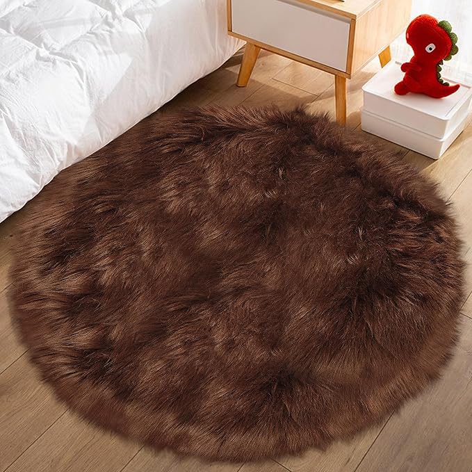 3ft Small Round Brown Rug,Thick Furry Fluffy Carpet for Teen,Sheepskin Fur Shaggy Circular Rug for Indoor Bedroom Room Living Room Nursery Decor Chair