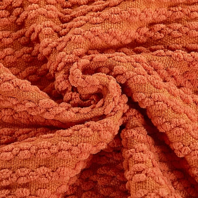 Striped Knit Throw Blanket with Braided Tassels 50" x 60", Hand Knitted Soft Chunky Chain Design Boho Farmhouse Blanket, Solid Color Tassel Decor Throw for Couch Bed Sofa Outdoor, Burnt Orange