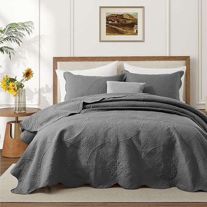 IR Imperial Rooms 10 Pack Queen Quilt Bedding Set (90" x 96") - Bulk Wholesale for Hotels, Guest Bedroom & Airbnbs - Lightweight Microfiber Reversible Floral Embossed Quilts Bedspreads (Grey)