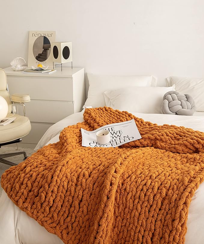 Chunky Knit Blanket Soft Chenille Yarn Knitted Throw Blanket 50"X60" Handmade Cable Warm Thick Giant Blanket for Couch Bed Trips (Burnt Orange, Throw 50¡°x60¡±)¡­
