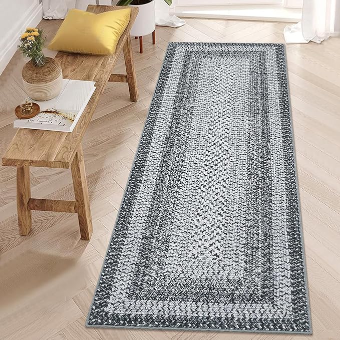 RUGSREAL 2x6 Runner Rug Braided Print Hallway Runner Rug Boho Rug Machine Washable Throw Floor Cover Non Slip Moroccan Carpet for Kitchen Farmhouse Rustic Runner for Living Room Bedroom, Grey