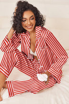 Ekouaer Womens Silk Satin Pajama Sets 2 Piece Sleepwear Pjs Set Long Sleeve Button Down Top and Pants Stripe Loungewear S-XXL
