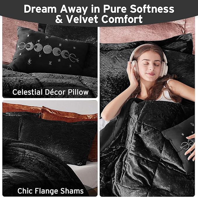 Intelligent Design King Comforter Set, Velvet Comforter Set , Luxury Diamond Quilting Comforter Set, Fluffy Comforter Bed Set with Decorative Pillowand 2 Shams, 4 Piece Black, King/ Cal King