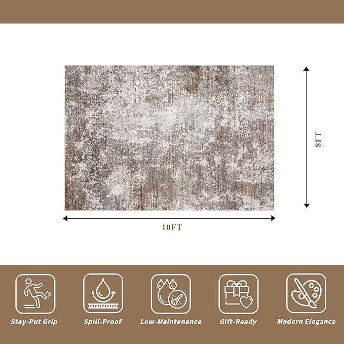 8x10 Washable Living Room Rug – Modern Neutral Abstract Large Area Rug for Bedroom Dining Room Kitchen Home Office Under Table – Non-Slip Low Pile Soft Thin Indoor Carpet (Brown Beige,8x10)