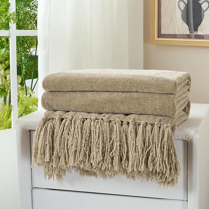 Chenille Throw Blanket for Couch with Tassels,50"X60" Soft Cozy Lightweight Knitted Boho Decorative Blankets for Bed and Sofa,Taupe