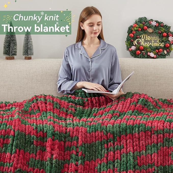Negwoo Chunky Knit Throw Blanket, 40''*50'' Knitted Throw Chenille Yarn for Bed Couch, Handmade Stripe Crochet Big Thick Blanket, Machine Washable Cute Comfy Blanket for Home Decor