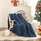 WESHIONGOO Chunky Knit Blanket Throw 51"×63" Knitted Throw Blankets for Couch Bed Fluffy Soft Blanket with Jumbo Chenille Yarn Thick 100% Handmade (Navy Blue)