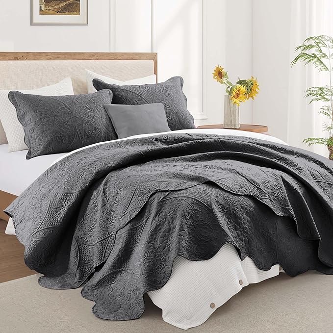 IR Imperial Rooms Twin Quilt Bedding Set Size (68” x 86”) + 1 Pillow Shams (20” x 26” + 2”) - 2 Pcs All Season Lightweight Reversible Microfiber Coverlet Floral Embossed Quilt Bedspread (Charcoal)