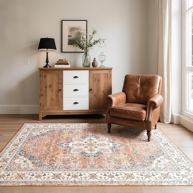 CRYPTOLITE Vintage Area Rug 5x7 Rugs, Machine Washable Rug Non-Slip Low Pile Rug for Living Room, Bedroom, Farmhouse, Dining Room, Orange