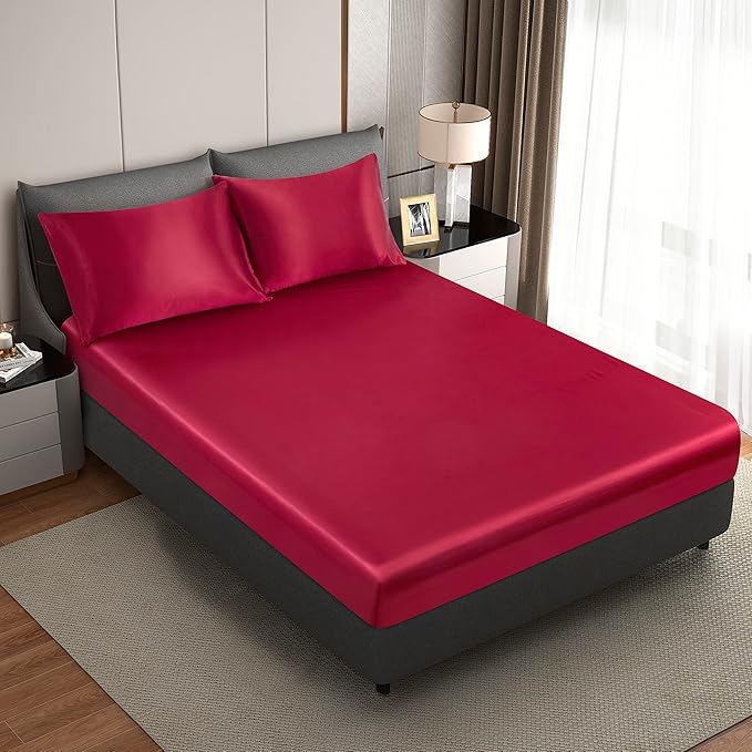 Wine Red Satin Pillowcases Queen Size Set of 2 for Hair and Skin,Wine Red Silk Pillowcase Breathable Pillowcase with Envelope Closure