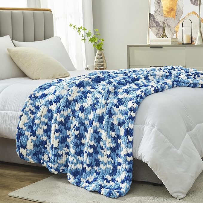 Amélie Home Chunky Knit Throw Blanket for Couch, Soft Chenille Handmade Crochet Throw Rope Knot Blanket for Couch, 50"x60", Space-Dyed Blue