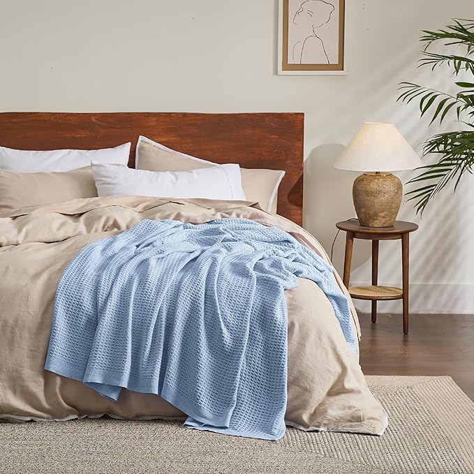 Bedsure Gentlesoft 100% Cotton Throw Blanket for Couch 50x70 inches - Cooling Breathable and Soft for Spring Summer, Waffle Weave Throw Blanket for Office, Sky Blue