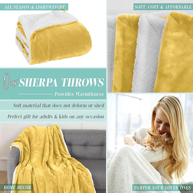 Elegant Comfort Throw Blanket, Reversible Sherpa Flannel, Ultra-Soft, Fuzzy, Cozy and Plush- All Season Lightweight Decorative Throw, 50 x 60 inches, Solid Sherpa Throw, Yellow