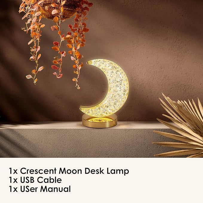 Luze ZE Crescent Moon Desk Lamp - Rechargeable Touch Lamp, 3 Brightness Levels, Dimmable Night Light for Bedroom & Kids Room, USB Rechargeable Bedside Lamp, Warm Light, Portable, Metal & Plastic