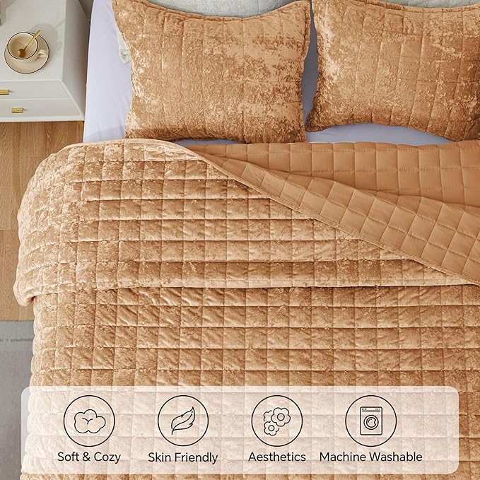BEDELITE Velvet Quilt Set King Size - Luxury Velvet Comforter Bedding Set 3 Pieces, Lightweight Soft Cozy Shiny Rusty Burnt Orange Oversized Bedspread Coverlet for All Seasons with 2 Pillow Shams