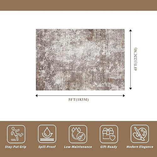 4x5 Washable Entryway Rug – Non-Slip Low Pile Throw Area Rug for Bathroom Kitchen Living Room Bedroom – Modern Abstract Neutral Soft Indoor Small Carpet (Brown Beige,4x5)