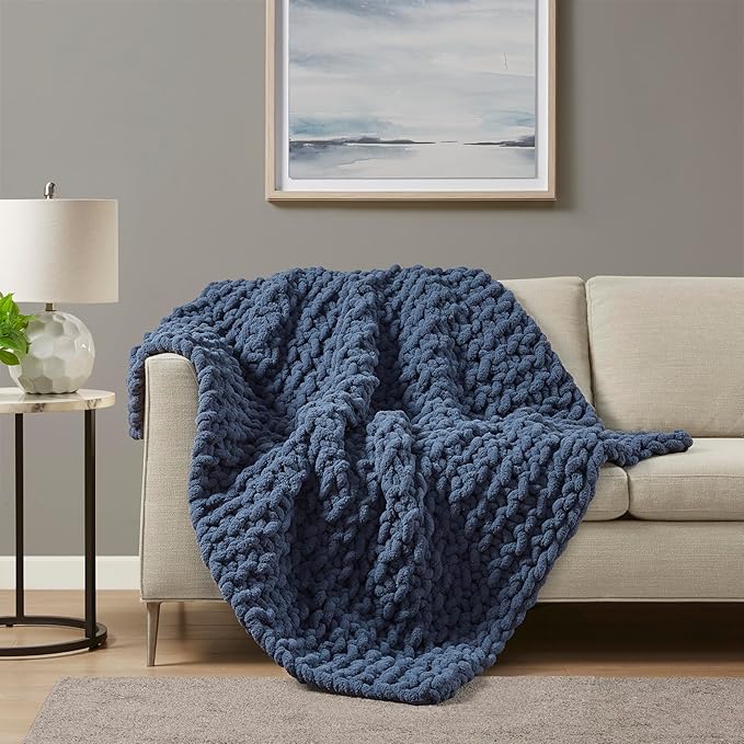 Madison Park Chenille Chunky Knit Handmade Throw Blanket, Luxuriously Soft Gift Blankets, Cottage Style Room Décor, Lightweight & Breathable All Seasons Throw Blanket for Couch, 50"W x 60"L Navy Blue