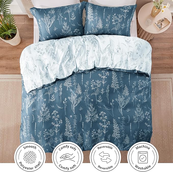 Love's cabin Bluish Grey Full Comforter Set - Full Size Comforter Set, 3 Pieces Cute Floral Bedding Sets for All Seasons,1 Soft Reversible Botanical Flowers Comforter and 2 Pillow Shams